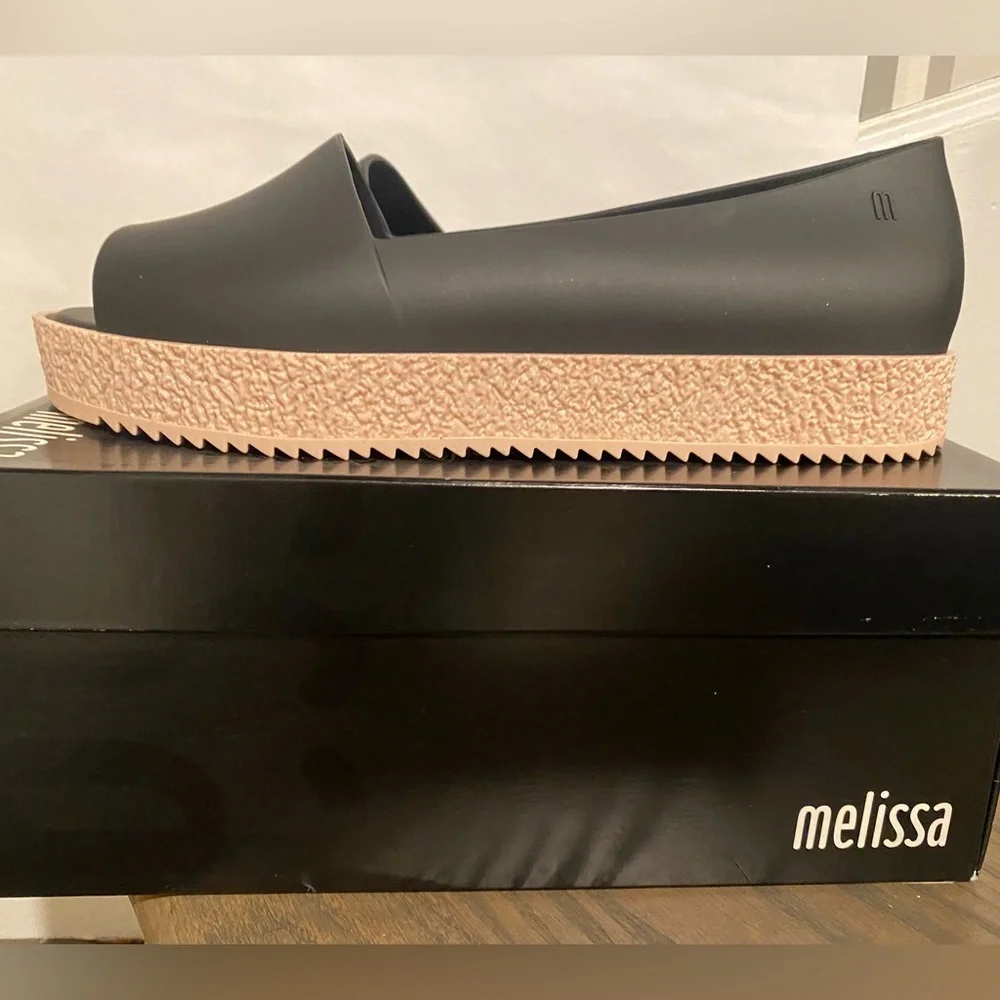 Melissa Puzzle Ad Flats Rubber Platform Open Toe Slip On In Black Size 6